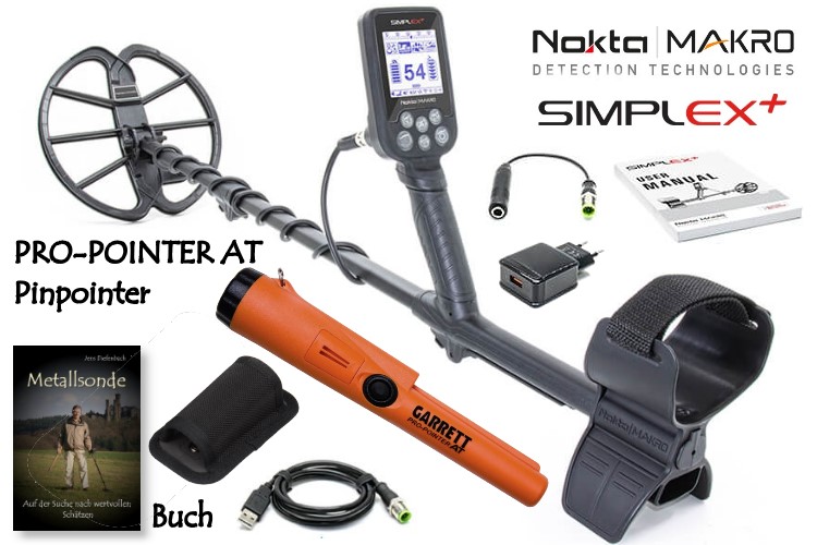 Nokta/Makro Simplex+ Ausrüstungspaket III (Metalldetektor & Garrett PRO-POINTER AT & Schatzsucherhandbuch)